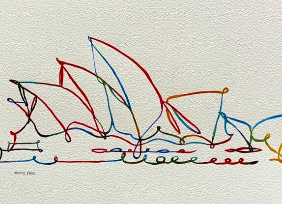 "Sail Symphony" captures the elegance of Sydney’s iconic Opera House in a vibrant and dynamic line art composition. This watercolour artwork uses intertwining lines and bright, playful colours to reflect the architectural beauty and rhythmic flow of the Opera House’s sails. The abstract portrayal invites viewers to see the landmark in a new, imaginative light, evoking movement and the harmonious connection between structure and the sea.