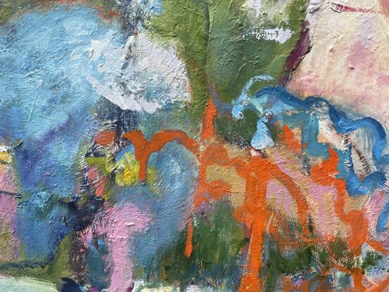 A large and colourful abstract expressionist painting, with colours of green, blue, pink, orange, violet, and white.