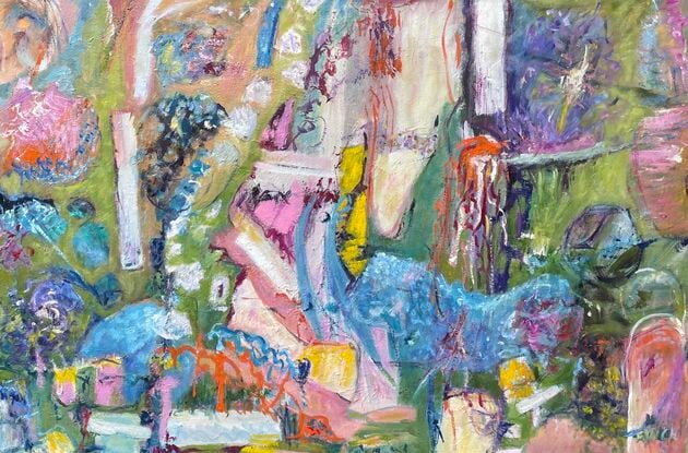 A large and colourful abstract expressionist painting, with colours of green, blue, pink, orange, violet, and white.