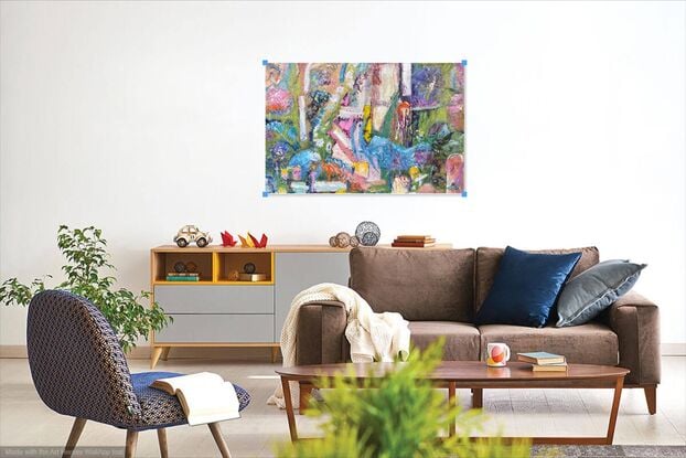 A large and colourful abstract expressionist painting, with colours of green, blue, pink, orange, violet, and white.