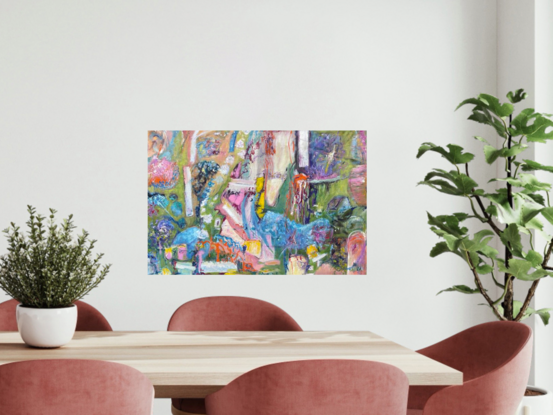 A large and colourful abstract expressionist painting, with colours of green, blue, pink, orange, violet, and white.