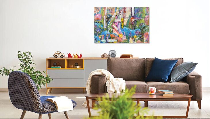 A large and colourful abstract expressionist painting, with colours of green, blue, pink, orange, violet, and white.