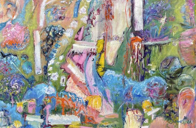 A large and colourful abstract expressionist painting, with colours of green, blue, pink, orange, violet, and white.