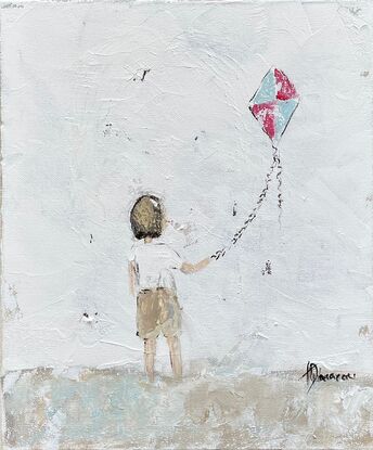 Original Figurative Farmhouse Painting featuring a young boy flying his kite.
