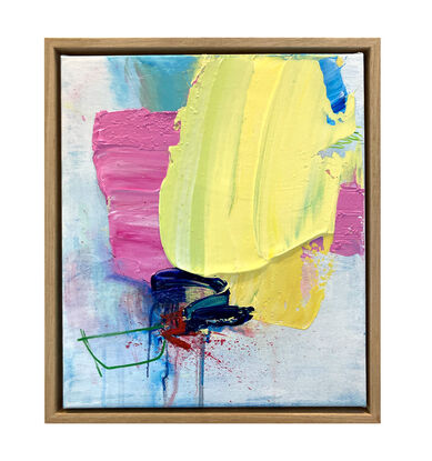 abstract painting framed in oak with pink and yellow