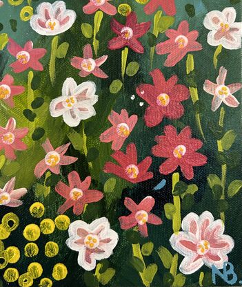 Abstract floral spring painting pink and green 