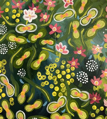 Abstract floral spring painting pink and green 