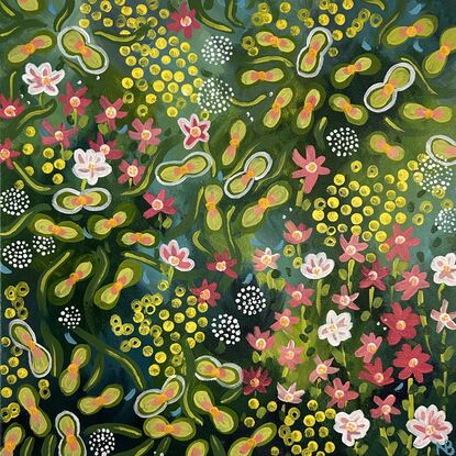 Abstract floral spring painting pink and green 