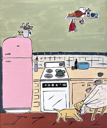 Simplify nostalgic kitchen with dog and fridge. 