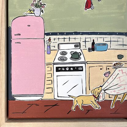 Simplify nostalgic kitchen with dog and fridge. 