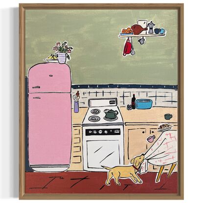 Simplify nostalgic kitchen with dog and fridge. 