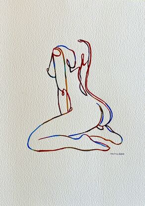 This captivating watercolour artwork features a single-line figure that gracefully intertwines fluidity and form. The vibrant yet minimalistic strokes evoke a sense of peacefulness and introspection, highlighting the beauty of the human body in a moment of stillness. The simplicity of the lines draws attention to the elegance of the pose, while the delicate use of colour adds a sense of movement and life to the composition.