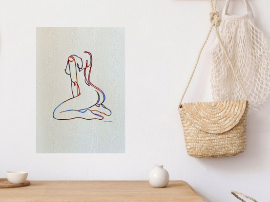 This captivating watercolour artwork features a single-line figure that gracefully intertwines fluidity and form. The vibrant yet minimalistic strokes evoke a sense of peacefulness and introspection, highlighting the beauty of the human body in a moment of stillness. The simplicity of the lines draws attention to the elegance of the pose, while the delicate use of colour adds a sense of movement and life to the composition.