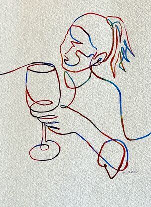 This delightful watercolour artwork captures the moment of quiet joy and contentment as a figure enjoys a glass of wine. The playful, continuous lines add a sense of fluidity and ease to the composition, while the vibrant colours reflect a cheerful, carefree mood. The minimalistic yet expressive strokes evoke the pleasure of simple moments and the beauty of human expression.