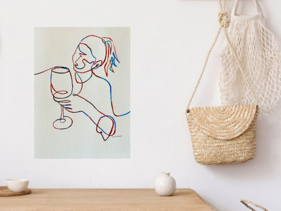 This delightful watercolour artwork captures the moment of quiet joy and contentment as a figure enjoys a glass of wine. The playful, continuous lines add a sense of fluidity and ease to the composition, while the vibrant colours reflect a cheerful, carefree mood. The minimalistic yet expressive strokes evoke the pleasure of simple moments and the beauty of human expression.