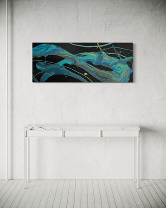 A fluid art painting titled "Illusional Universe" featuring vibrant, swirling patterns of blue and teal on a deep black aerosol-sprayed canvas. The abstract design evokes a cosmic scene, with dynamic flows and contrasts creating the illusion of depth and movement in an expansive, otherworldly space.