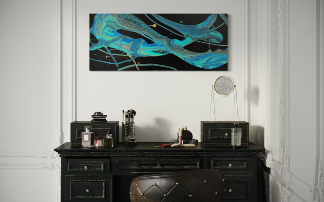 A fluid art painting titled "Illusional Universe" featuring vibrant, swirling patterns of blue and teal on a deep black aerosol-sprayed canvas. The abstract design evokes a cosmic scene, with dynamic flows and contrasts creating the illusion of depth and movement in an expansive, otherworldly space.