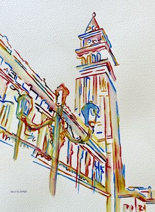 This vibrant watercolour artwork captures the iconic St Mark's Campanile in Venice, Italy. The tower is rendered with a modern, fluid technique, using bold strokes of colour that evoke the historical grandeur and architectural beauty of the structure. The delicate interplay of light and shadow, along with the minimalistic yet expressive use of line, brings the tower to life, blending the traditional with the contemporary. This piece beautifully captures the elegance and timelessness of one of Venice’s most recognizable landmarks.