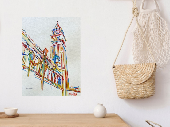 This vibrant watercolour artwork captures the iconic St Mark's Campanile in Venice, Italy. The tower is rendered with a modern, fluid technique, using bold strokes of colour that evoke the historical grandeur and architectural beauty of the structure. The delicate interplay of light and shadow, along with the minimalistic yet expressive use of line, brings the tower to life, blending the traditional with the contemporary. This piece beautifully captures the elegance and timelessness of one of Venice’s most recognizable landmarks.