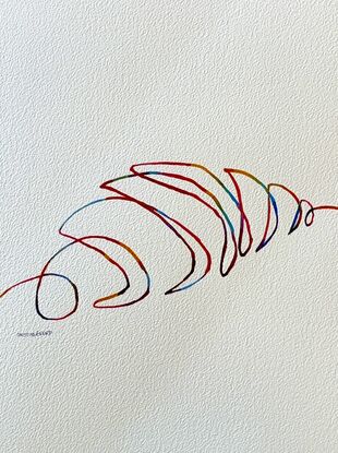 This minimalistic watercolour artwork, "Curved Delight," features the elegant, flowing lines of a croissant. The colourful strokes highlight the simplicity and beauty of everyday objects, inviting the viewer to appreciate the form and structure through a vibrant, yet restrained, palette. The artist’s playful use of line creates movement and depth, transforming the familiar into a delicate piece of art that exudes warmth and comfort.