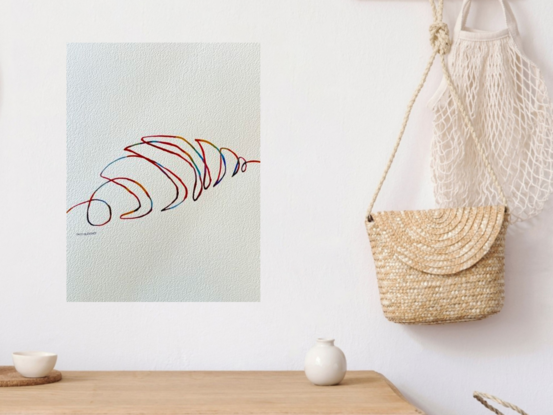 This minimalistic watercolour artwork, "Curved Delight," features the elegant, flowing lines of a croissant. The colourful strokes highlight the simplicity and beauty of everyday objects, inviting the viewer to appreciate the form and structure through a vibrant, yet restrained, palette. The artist’s playful use of line creates movement and depth, transforming the familiar into a delicate piece of art that exudes warmth and comfort.