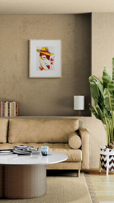 "Golden Glamour" captures the elegance of a woman in a large, vibrant sunhat and sunglasses, sipping a drink with poise. This watercolour painting uses bold reds, golds, and soft lines to evoke a sense of carefree sophistication and mystery. The figure’s posture and minimal facial features give the piece a timeless, chic quality that resonates with modern and retro vibes alike. This artwork invites viewers to bask in the simplicity and allure of a relaxed summer day.
