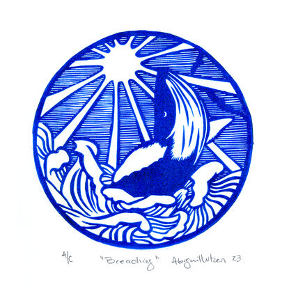 a linocut art print depicting a whale jumping out of water