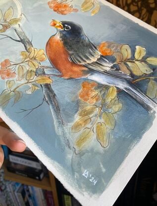 Mixed media painting of a robin 