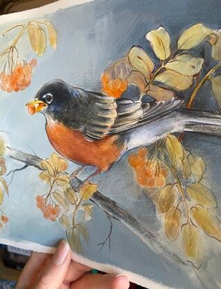 Mixed media painting of a robin 