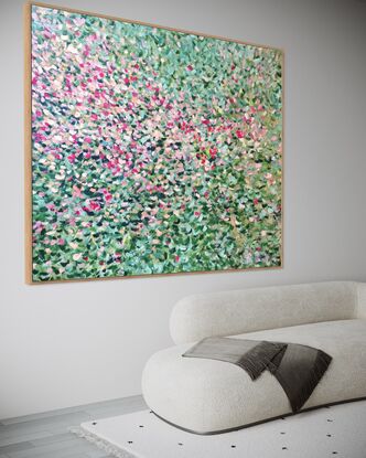 "Blossoming Symphony" is an evocative abstract oil painting that immerses the viewer in the vibrant and dynamic essence of nature. The canvas is awash with a riot of colors, featuring a spectrum of greens, pinks, reds, and pastel hues that collectively form a lively and harmonious tapestry. Each brushstroke is imbued with energy and texture, creating a rhythmic flow that suggests the gentle movement of flowers swaying in a breeze or the joyful blooming of a lush meadow.

The painting draws inspiration from the Impressionist movement, echoing the techniques of masters like Claude Monet and Pierre-Auguste Renoir, who celebrated the transient beauty of light and color in the natural world. The artist employs small, distinct brushstrokes reminiscent of pointillism, blending them optically to produce a vibrant and cohesive surface.
"Blossoming Symphony" invites viewers to experience the joyful chaos of nature, finding peace and harmony in the visual symphony of colors and forms. It serves as a reminder of the ephemeral beauty that surrounds us, encouraging a deeper appreciation for the spontaneous and fleeting moments of life.