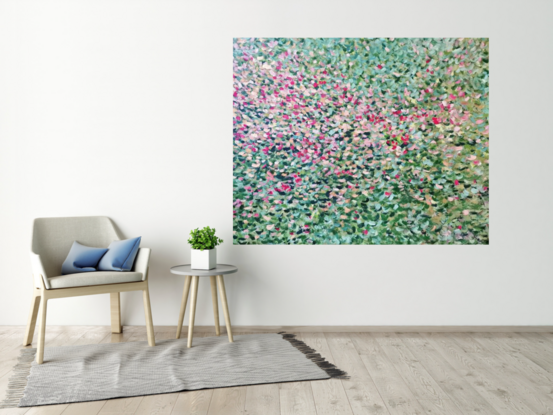 "Blossoming Symphony" is an evocative abstract oil painting that immerses the viewer in the vibrant and dynamic essence of nature. The canvas is awash with a riot of colors, featuring a spectrum of greens, pinks, reds, and pastel hues that collectively form a lively and harmonious tapestry. Each brushstroke is imbued with energy and texture, creating a rhythmic flow that suggests the gentle movement of flowers swaying in a breeze or the joyful blooming of a lush meadow.

The painting draws inspiration from the Impressionist movement, echoing the techniques of masters like Claude Monet and Pierre-Auguste Renoir, who celebrated the transient beauty of light and color in the natural world. The artist employs small, distinct brushstrokes reminiscent of pointillism, blending them optically to produce a vibrant and cohesive surface.
"Blossoming Symphony" invites viewers to experience the joyful chaos of nature, finding peace and harmony in the visual symphony of colors and forms. It serves as a reminder of the ephemeral beauty that surrounds us, encouraging a deeper appreciation for the spontaneous and fleeting moments of life.