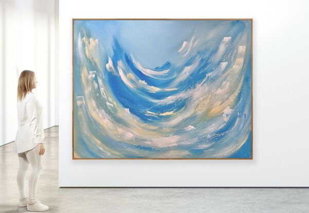 Large brushstrokes of bright blue, white and yellow with white paint splatters on a light blue background placed on sustainable canvas 