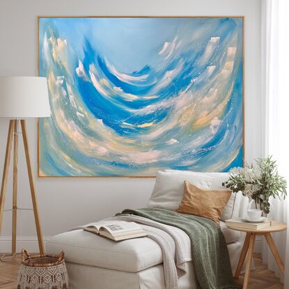 Large brushstrokes of bright blue, white and yellow with white paint splatters on a light blue background placed on sustainable canvas 