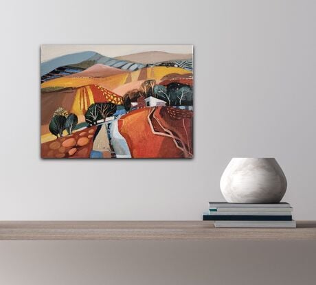 A whimsical decorative abstract landscape with  mountains, trees and rocks.
