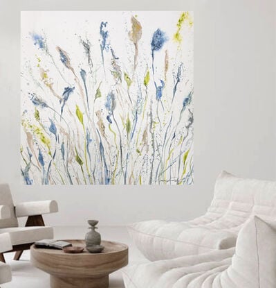 This elegant floral artwork features large intricate blooms and several unopened buds intersperse the full flowers in olive green, dark blue, sage green and chartreuse