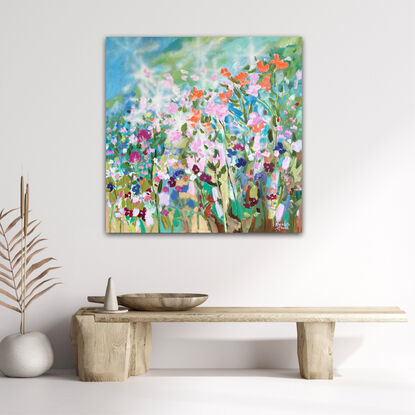 A colourful painting of flowers in a cottage garden. Energetic and textural.