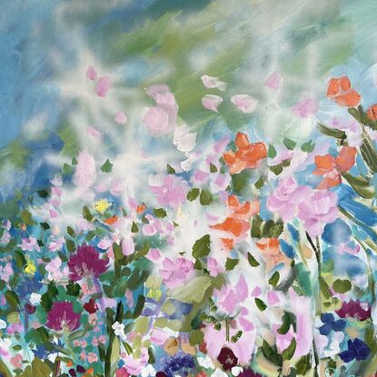 A colourful painting of flowers in a cottage garden. Energetic and textural.