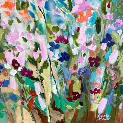 A colourful painting of flowers in a cottage garden. Energetic and textural.