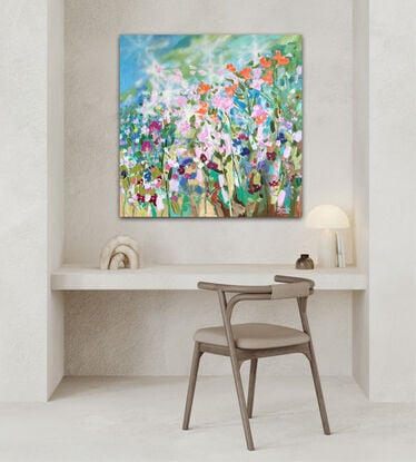 A colourful painting of flowers in a cottage garden. Energetic and textural.