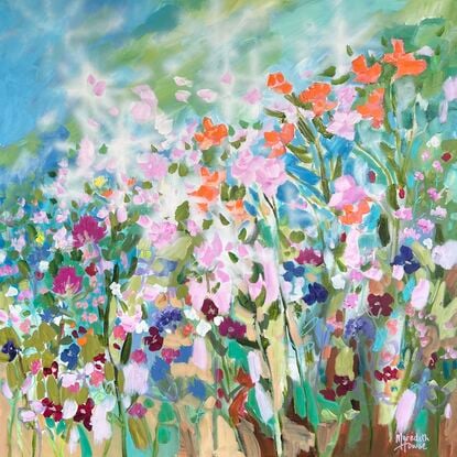 A colourful painting of flowers in a cottage garden. Energetic and textural.