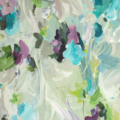 large minimal floral abstract original painting in light blue, deep pink and light green colours