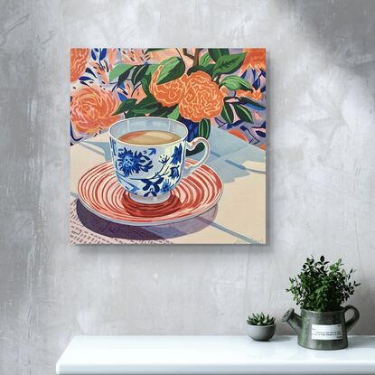 A still life painting of a vintage teacup with greenery,  greens, blues, yellows, white , pinks, oranges, reds  and greens