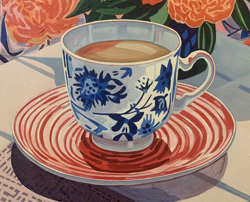 A still life painting of a vintage teacup with greenery,  greens, blues, yellows, white , pinks, oranges, reds  and greens