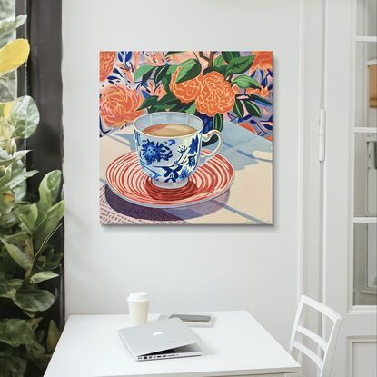 A still life painting of a vintage teacup with greenery,  greens, blues, yellows, white , pinks, oranges, reds  and greens