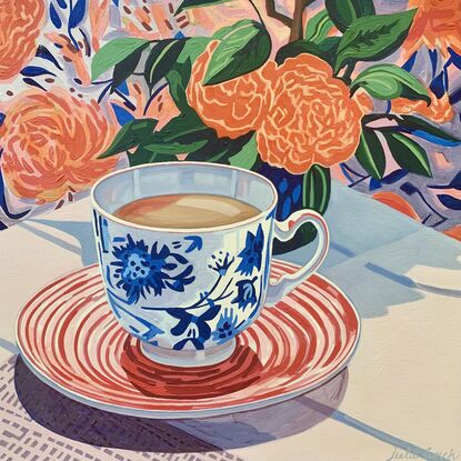 A still life painting of a vintage teacup with greenery,  greens, blues, yellows, white , pinks, oranges, reds  and greens