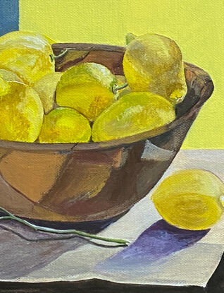 Still life painting of a bowl of freshly picked lemons sitting on a sun drenched spot in my kitchen. 