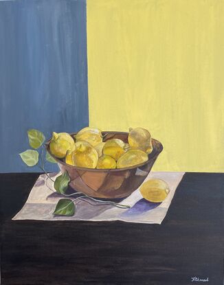 Still life painting of a bowl of freshly picked lemons sitting on a sun drenched spot in my kitchen. 