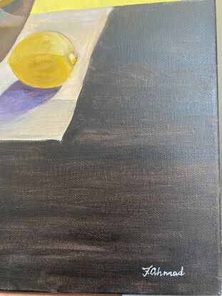 Still life painting of a bowl of freshly picked lemons sitting on a sun drenched spot in my kitchen. 