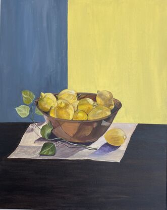 Still life painting of a bowl of freshly picked lemons sitting on a sun drenched spot in my kitchen. 