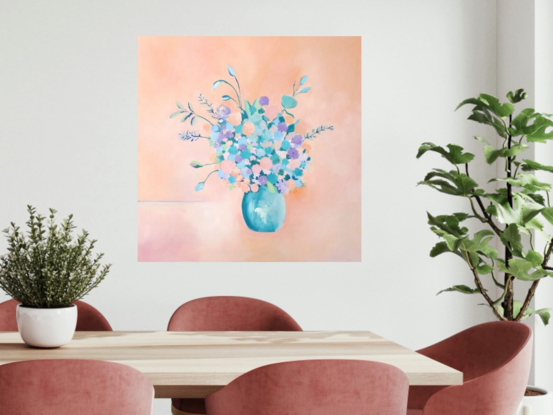 Bunch of flowers in pinks through to blues and turquoises, sitting in a vase,  still life, oil, Lucinda Leveille, original artwork, framed,